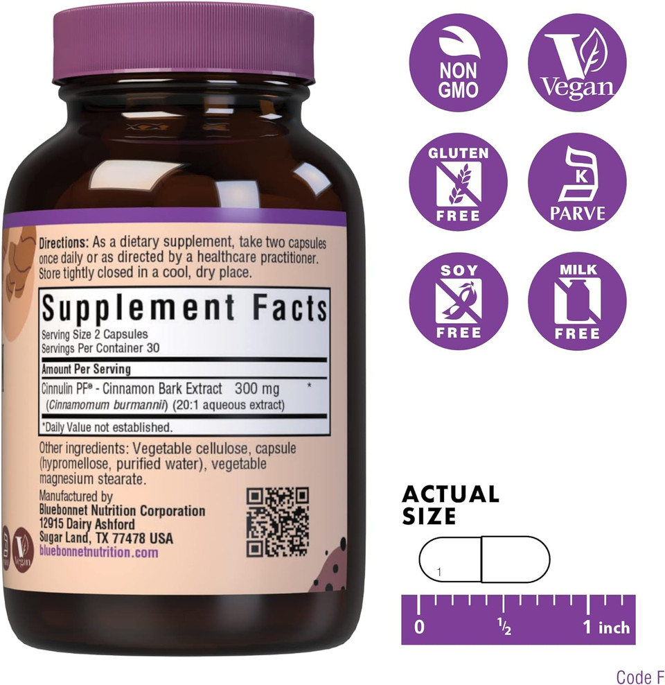 Bluebonnet Cinnulinpf Cinnamon Bark Extract Supplement, 60 Count, White