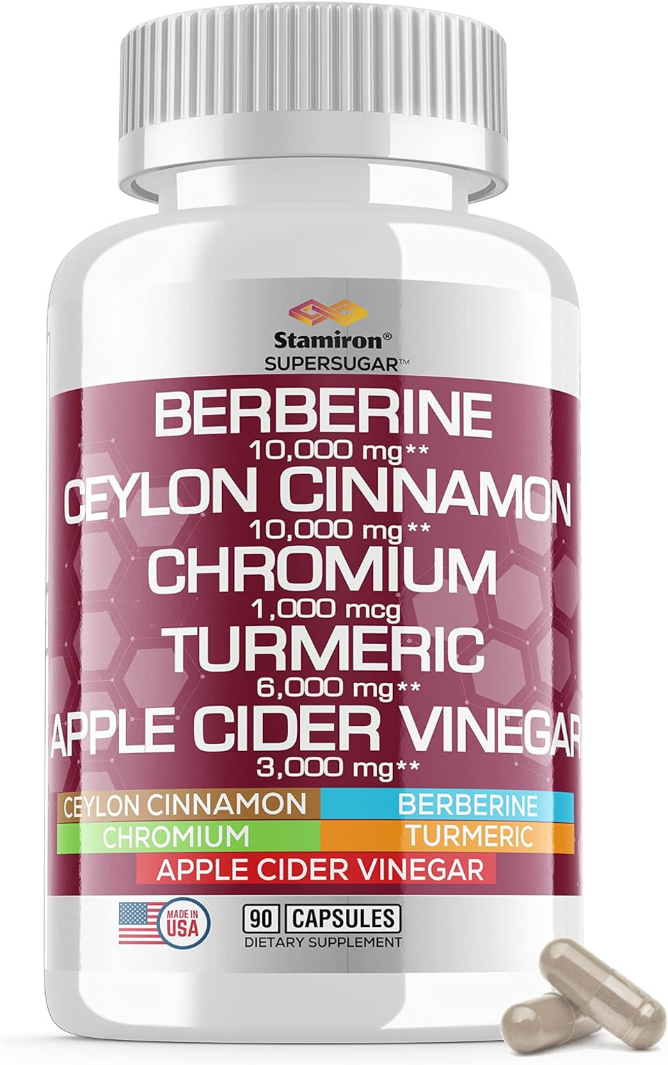 Ceylon Cinnamon Capsules 10,000Mg Berberine 10,000Mg Turmeric Curcumin 6000Mg Chromium Complex 1000Mcg With Apple Cider Vinegar 3000Mg Sugar Support Supplement Acv Pills Made In Usa - 90 Count
