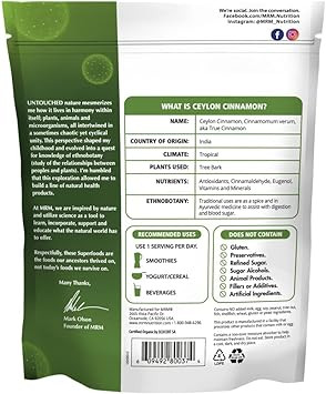 Mrm Nutrition Organic Ceylon Cinnamon Powder | Superfoods | True Cinnamon | Antioxidants | Heart Health | Vegan + Gluten-Free | 113 Servings