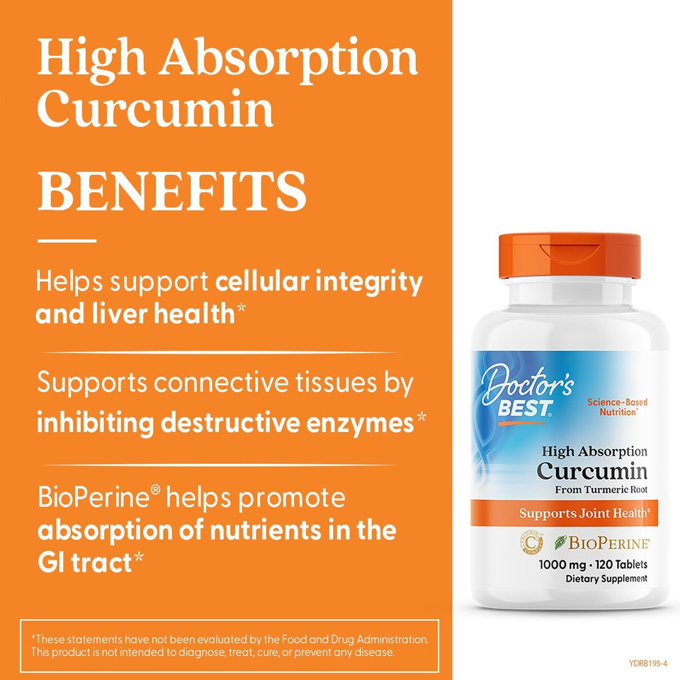 Doctor'S Best Curcumin From Turmeric Root With C3 Complex & Bioperine, Benefit The Joints By Helping To Neutralize Free Radicals, Non-Gmo, Gluten Free, Soy Free, Joint Support, 1000 Mg, 120 Tablets