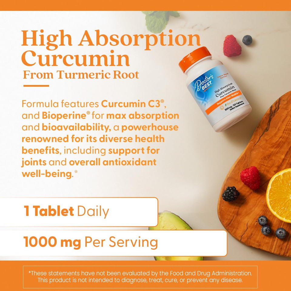 Doctor'S Best Curcumin From Turmeric Root With C3 Complex & Bioperine, Benefit The Joints By Helping To Neutralize Free Radicals, Non-Gmo, Gluten Free, Soy Free, Joint Support, 1000 Mg, 120 Tablets