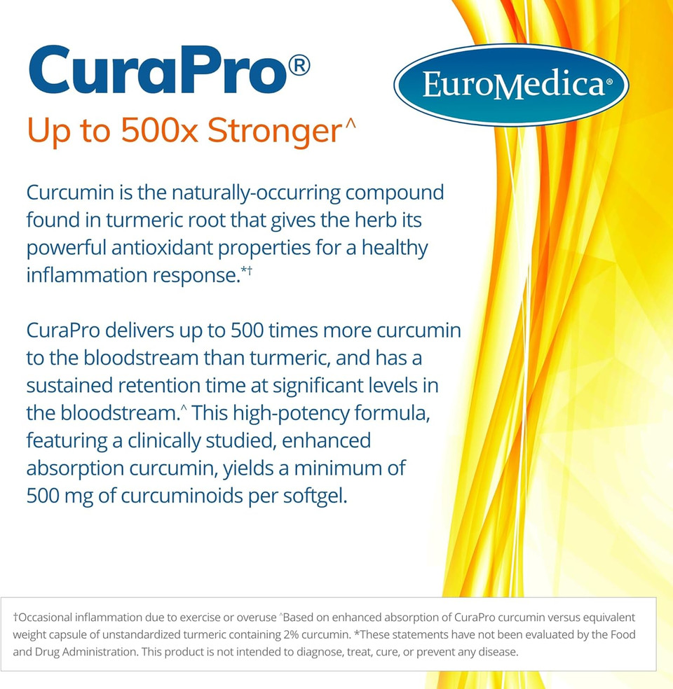 Euromedica Curapro 750 Mg - 120 Softgels, Pack Of 2 - High Potency Turmeric Curcumin Supplement - Liver, Brain & Immune Support - 240 Total Servings120 Count (Pack Of 2)