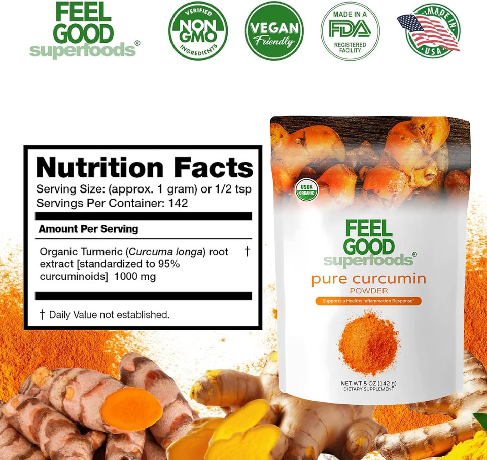 Feelgood Organic Superfoods Pure Curcumin Powder, Organic, Non-Gmo, Vegan From Bulk Ground Turmeric Root From India, Curcuma Longa Joint Supplement, 5 Oz