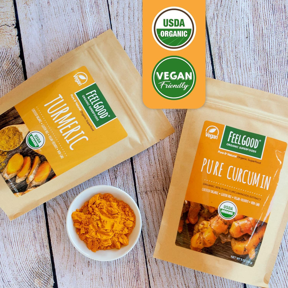 Feelgood Organic Superfoods Pure Curcumin Powder, Organic, Non-Gmo, Vegan From Bulk Ground Turmeric Root From India, Curcuma Longa Joint Supplement, 5 Oz