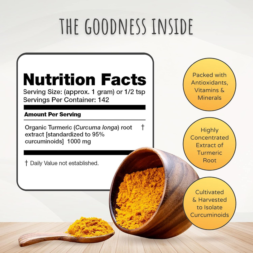 Feelgood Organic Superfoods Pure Curcumin Powder, Organic, Non-Gmo, Vegan From Bulk Ground Turmeric Root From India, Curcuma Longa Joint Supplement, 5 Oz