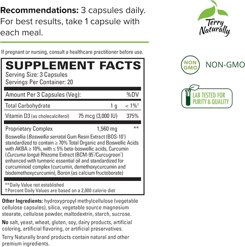 Terry Naturally Healthy Knees & Joints - 1,560 Mg Curcumin & Boswellia Complex, 60 Capsules - Promotes Flexibility, Mobility, Strength & Comfort - Gluten-Free - 20 Servings