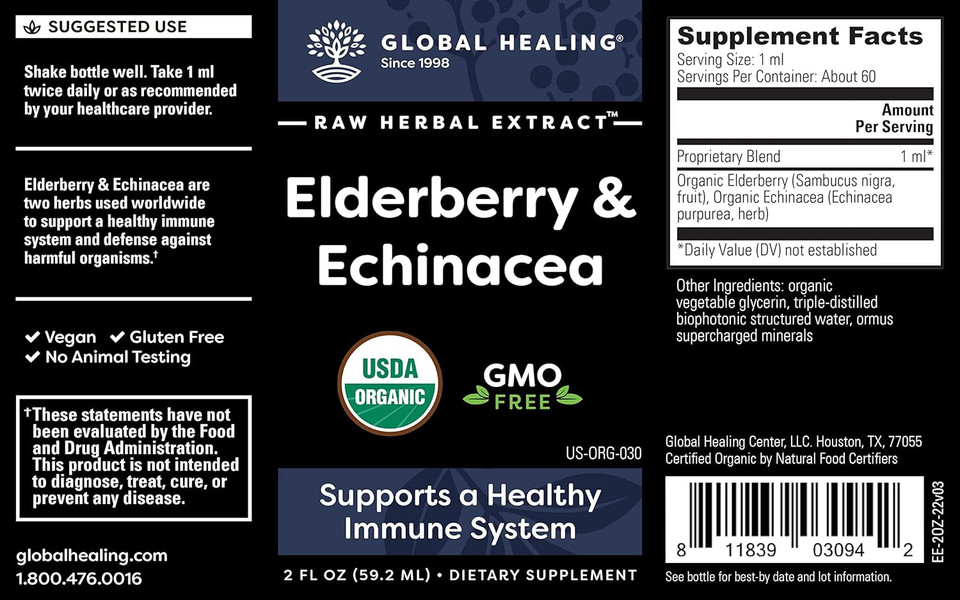 Global Healing Center Usda Organic Elderberry & Echinacea Liquid Supplement Tincture, Antioxidant Immune Support Against Harmful Organisms For Adults And Kids, Vegan, Non-Gmo, 2-Month Supply (2 Oz) Global Healing Center Usda Organic Elderberry & Echinacea Liquid Supplement Tincture, Antioxidant Immune Support Against Harmful Organisms For Adults And Kids, Vegan, Non-Gmo, 2-Month Supply (2 Oz)