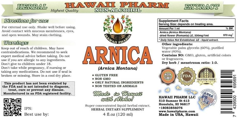 Hawaii Pharm Arnica Alcohol-Free Liquid Extract, Organic Arnica (Arnica Montana) Dried Flower Glycerite Natural Herbal Supplement 4 Oz