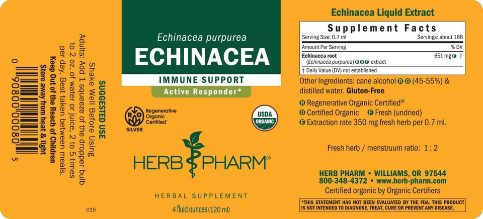 Herb Pharm Certified Organic Echinacea Root Liquid Extract For Immune System Support, Organic Cane Alcohol, 4 Ounce4 Fl Oz (Pack Of 1)