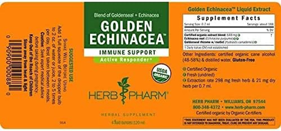 Herb Pharm Certified Organic Golden Echinacea Liquid Extract For Immune System Support - 4 Ounce