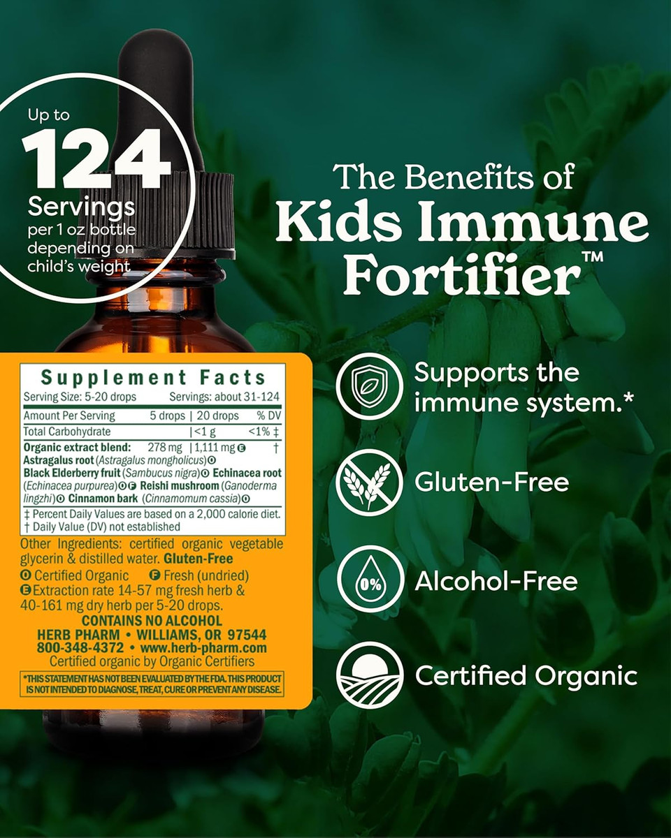 Herb Pharm Kids Certified-Organic Alcohol-Free Immune Fortifier Liquid Herbal Formula, 4 Ounce