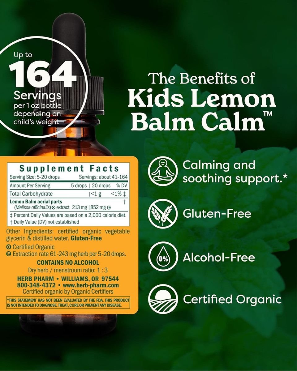 Herb Pharm Kids Certified-Organic Alcohol-Free Lemon Balm Calm Liquid Extract, 1 Ounce (Glklemon01)