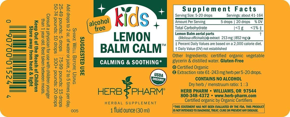 Herb Pharm Kids Certified-Organic Alcohol-Free Lemon Balm Calm Liquid Extract, 1 Ounce (Glklemon01)