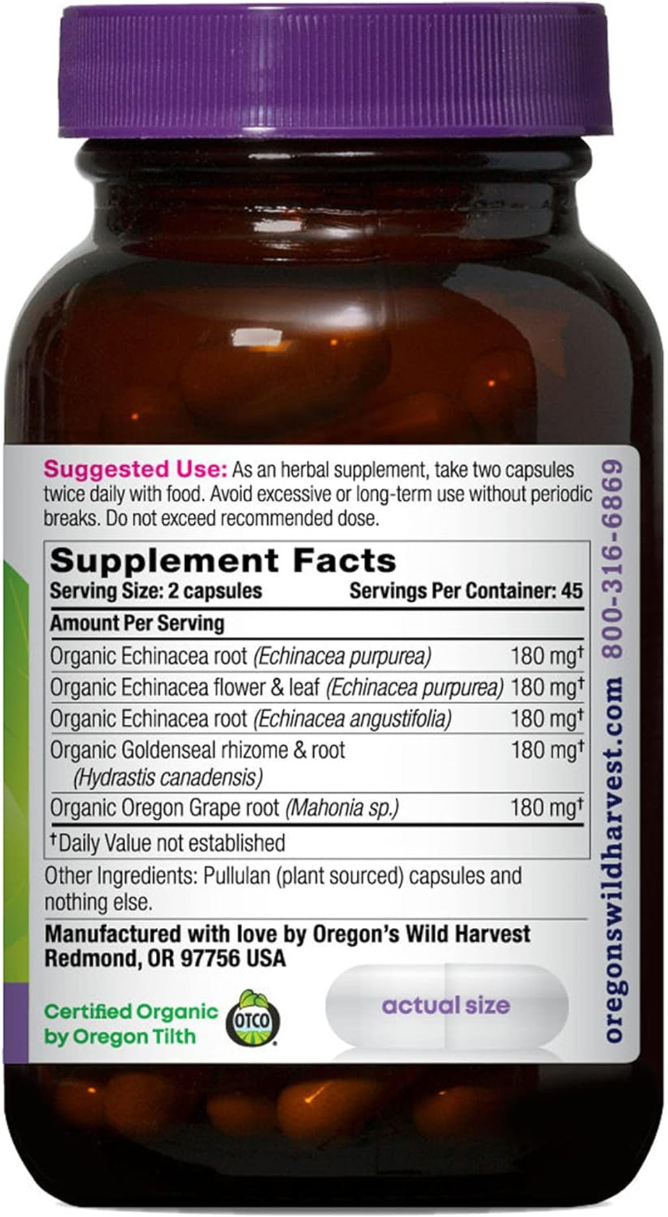 Oregon'S Wild Harvest Echinacea Goldenseal Organic Capsules | Vegan, Non-Gmo, Gluten Free, Immune Support*, 90 Count