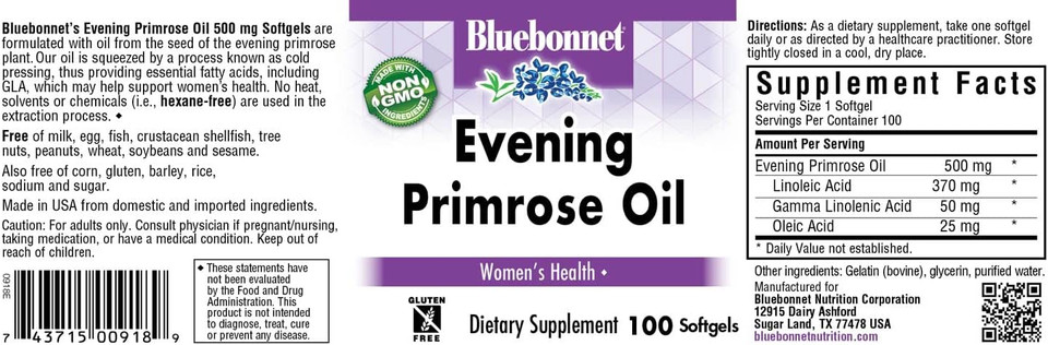 Bluebonnet Evening Primrose Oil Softgels, 500 Mg, 100 Count (743715009189)