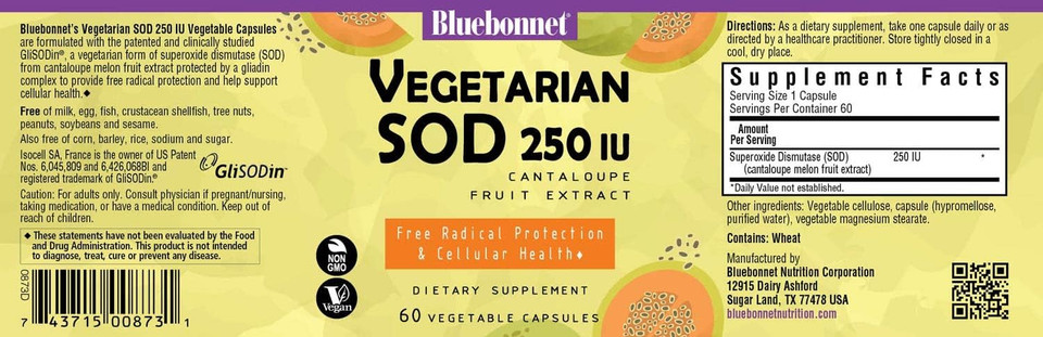 Blue Bonnet Super Fruit Extra Strength Cantaloupe Melon Fruit Extract 250Iu Per Serving Of Sod- 60 Vcaps