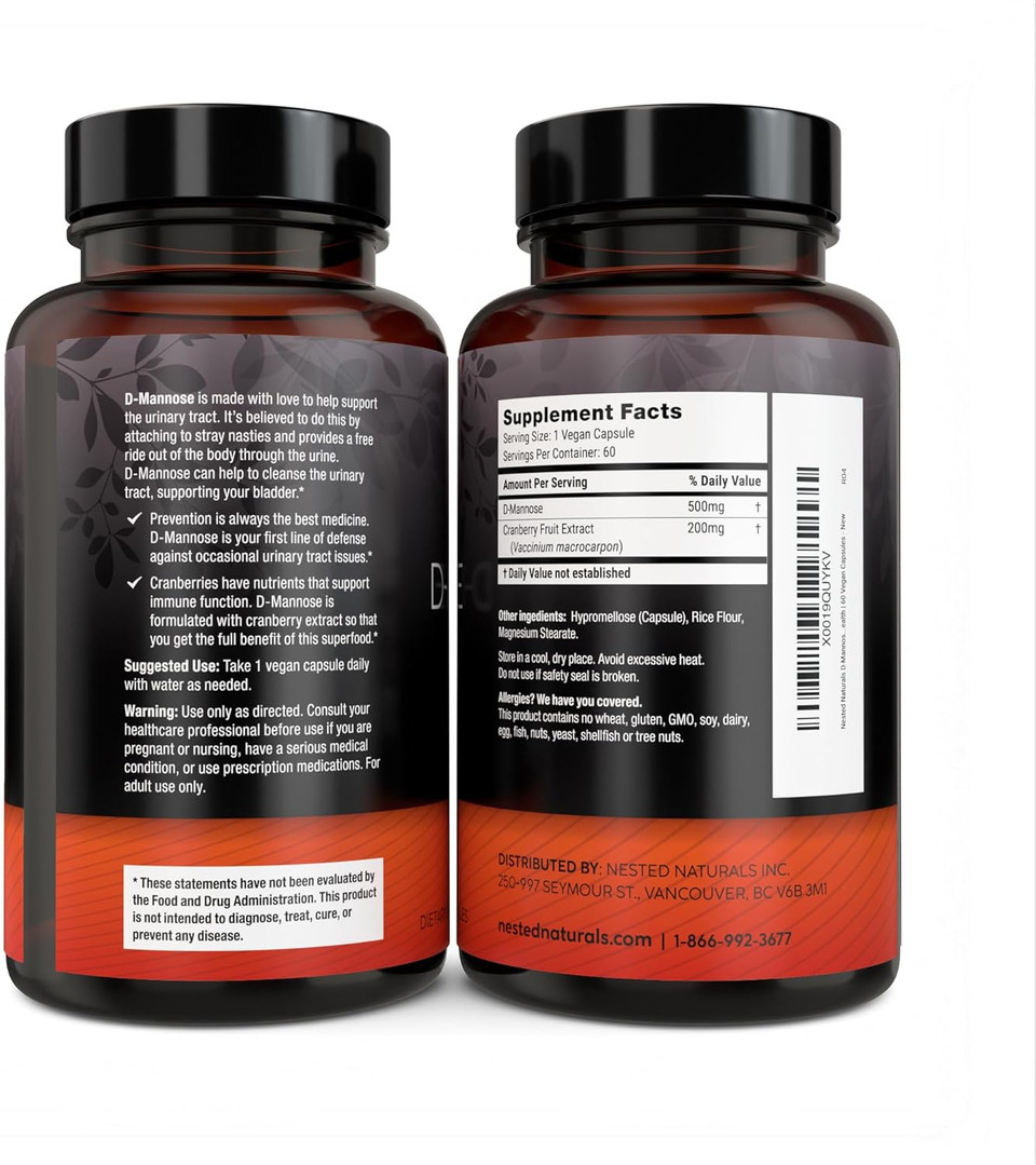Nested Naturals D-Mannose 500Mg Caspules With Cranberry Extract, D Mannose Cranberry Pills, Urinary & Bladder Support, 60 Vegan Capsules