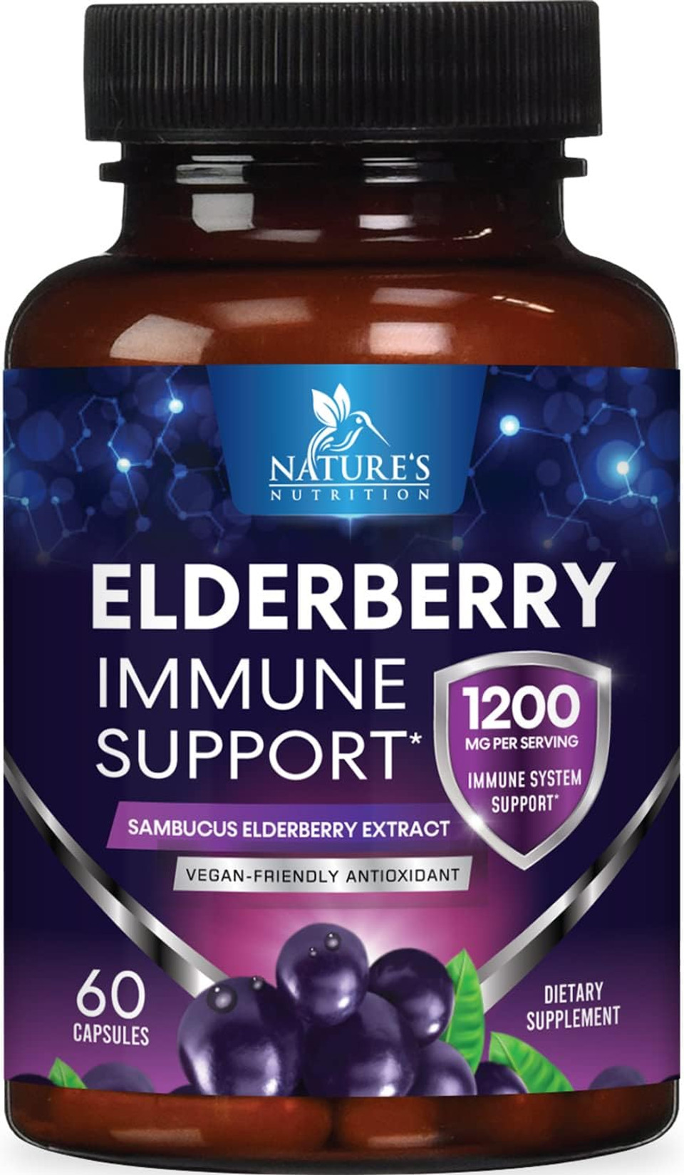 10:1 Elderberry Extract Capsules - Highly Concentrated Sambucus Black Elderberry, Immune Support Vitamin Dietary Supplement, Nature'S Elder Berry Vitamins, Gluten Free, Non-Gmo - 60 Capsules
