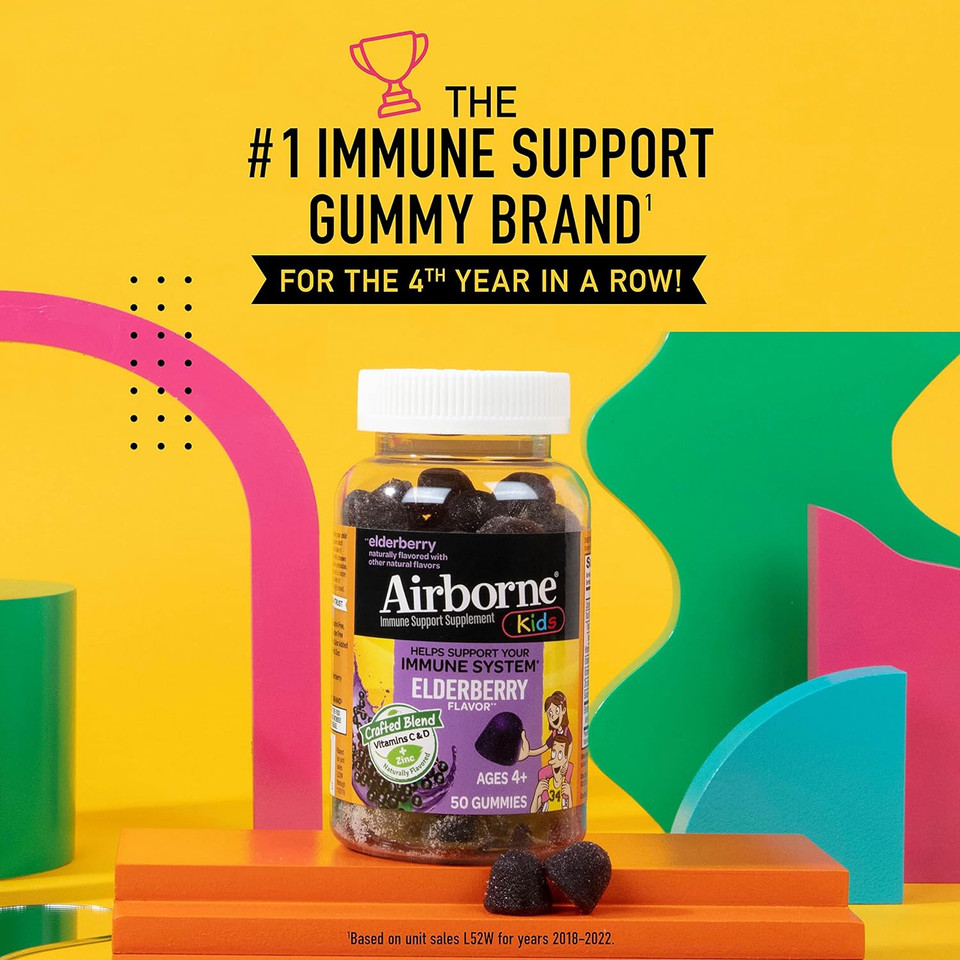 Airborne Kids Elderberry + Zinc & Vitamin C Gummies, Kids Immune Support With Powerful Antioxidants Vit D & E - 50 Gummies, Elderberry Flavor