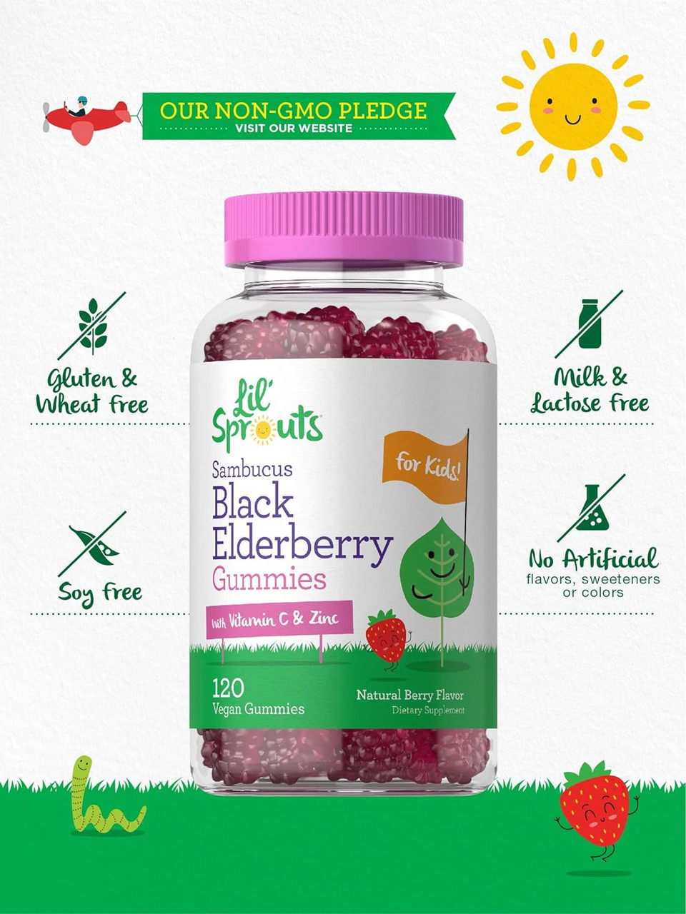 Carlyle Elderberry Gummies For Kids | 120 Count | Zinc And Vitamin C | Natural Berry Flavor | Vegan, Non-Gmo, And Gluten Free | By Lil' Sprouts