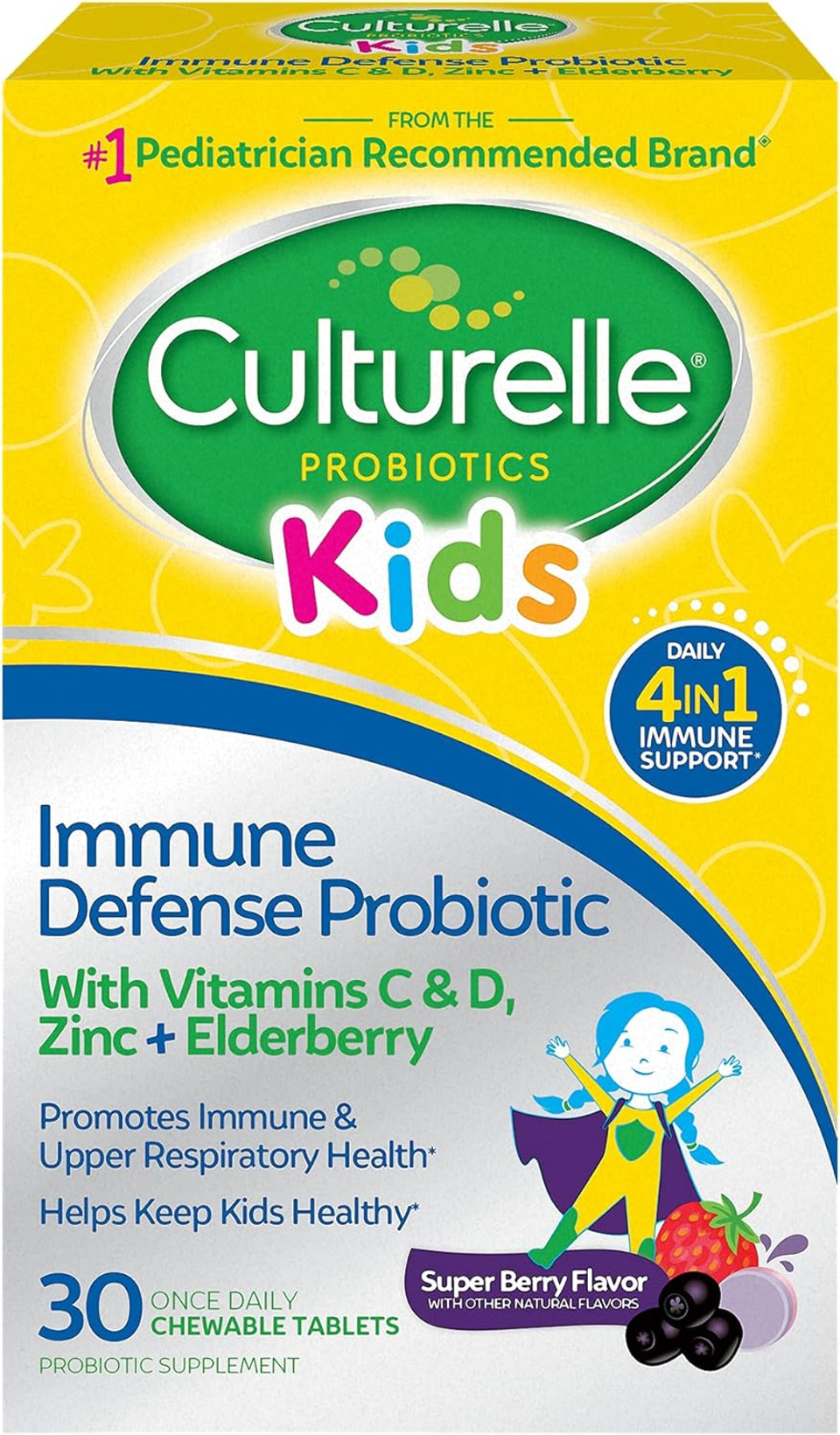 Culturelle Immune Defense Probiotic With Vitamin C, Vitamin D And Zinc + Elderberry, Non-Gmo, 4-In-1 Immune Support For Kids Ages 3+*, Mixed Berry Chewables, 30 Count Culturelle Immune Defense Probiotic With Vitamin C, Vitamin D And Zinc + Elderberry, Non-Gmo, 4-In-1 Immune Support For Kids Ages 3+*, Mixed Berry Chewables, 30 Count