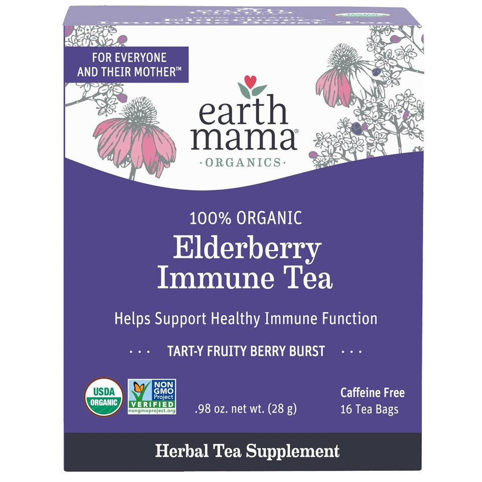 Earth Mama Organic Elderberry Immune Support Tea With Echinacea | Safe For Pregnancy, Breastfeeding, Postpartum, Kids And Family Essentials, Decaf Tea With Ginger & Rooibos, 16-Count16 Count (Pack Of 1)