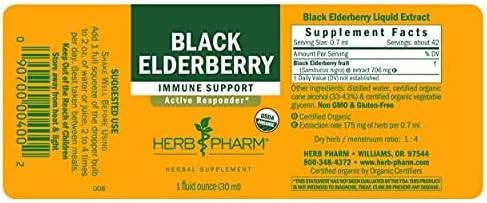 Herb Pharm Certified Organic Black Elderberry Liquid Extract For Immune System Support, Organic Cane Alcohol, 1 Oz