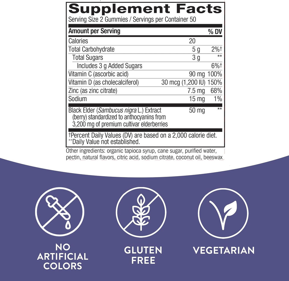 Nature'S Way Sambucus Elderberry Gummies - Immune Support Supplement For Kids & Adults* - With Vitamins C, D3, Zinc & Antioxidant Support* - Gluten Free & Vegetarian - 100 Gummies