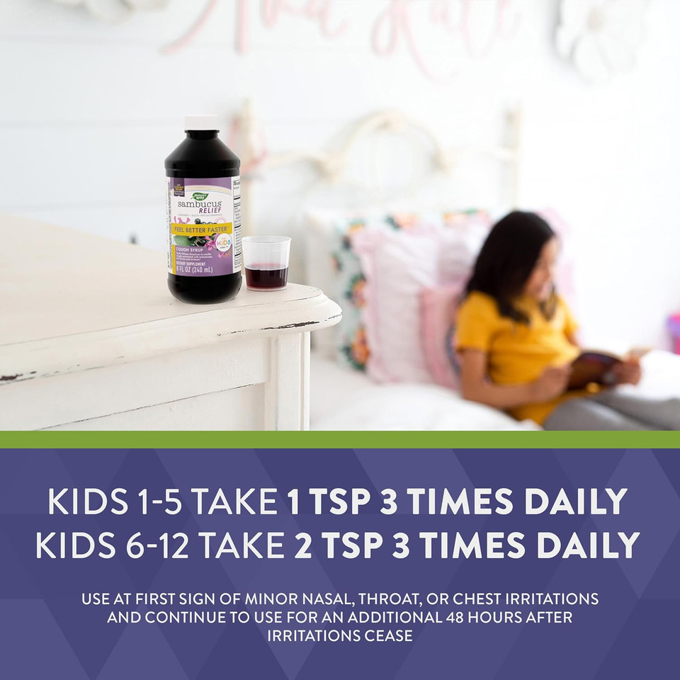 Nature'S Way Sambucus Relief Kid'S Cough Syrup With Elderberry, Vitamin C, Zinc, And South African Geranium, 8 Fl. Oz