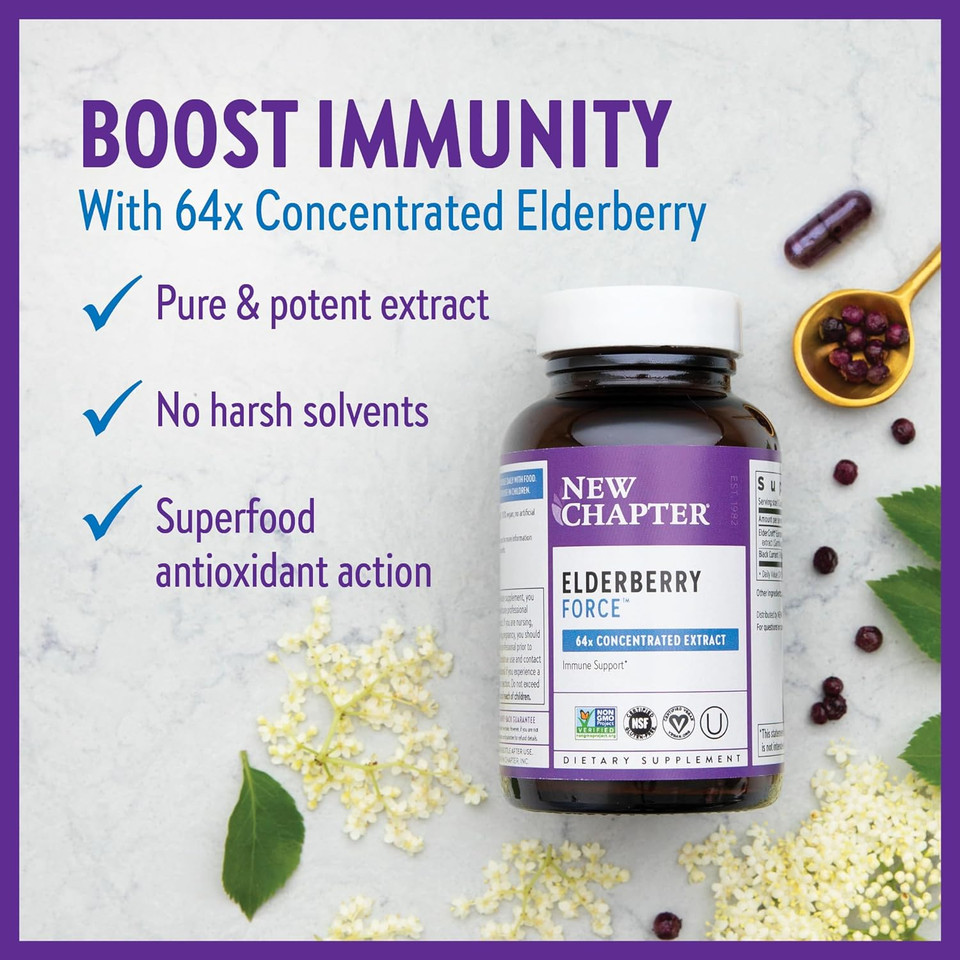 New Chapter Vegan Elderberry Capsules With 64X Concentrated Black Elderberry + Black Currant For Comprehensive Immune Support, Non-Gmo Project Verified, Gluten Free, Certified Vegan, 60 Count