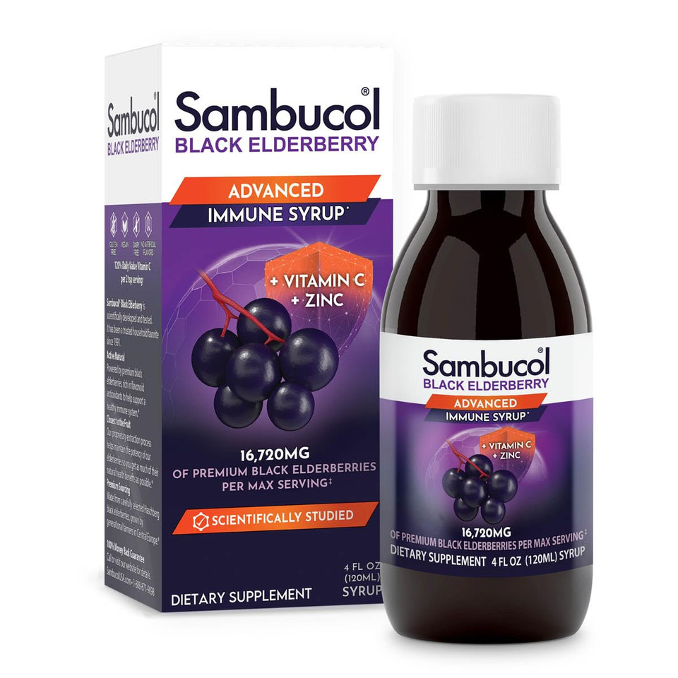 Sambucol Black Elderberry Advanced Immune Syrup With Vitamin C And Zinc, High Antioxidant Sambucus Elderberry Supplement For Adults And Kids Ages 4+, Gluten Free And Vegan, 4 Fl Oz