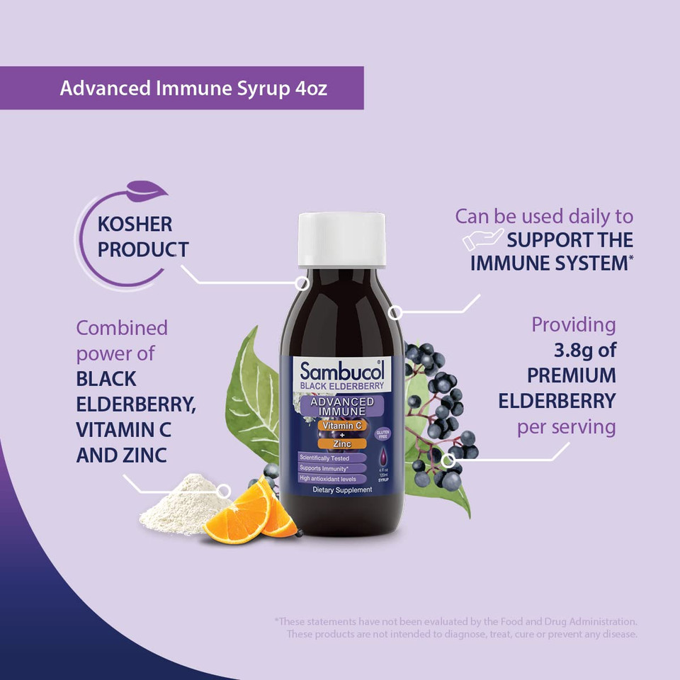 Sambucol Black Elderberry Advanced Immune Syrup With Vitamin C And Zinc, High Antioxidant Sambucus Elderberry Supplement For Adults And Kids Ages 4+, Gluten Free And Vegan, 4 Fl Oz