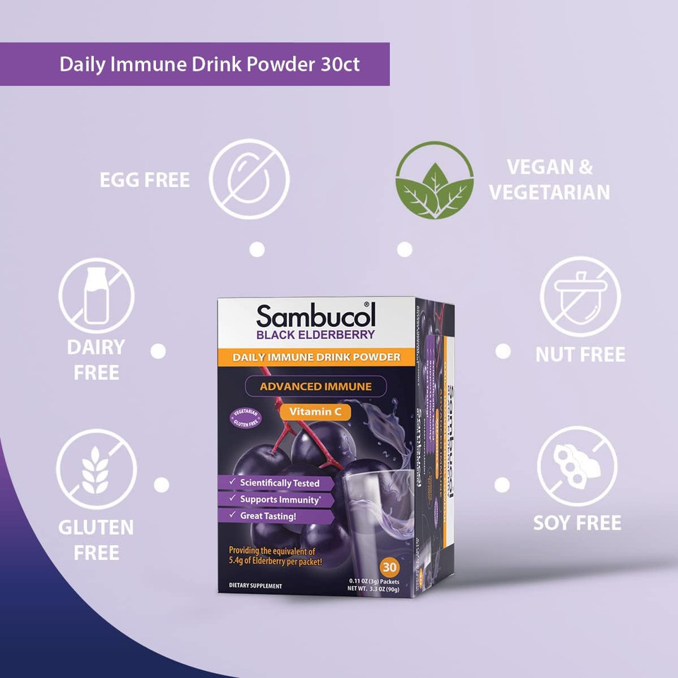 Sambucol Black Elderberry Drink Powder - Daily Immune Black Elderberry Powder With Vitamin C, Vegan Friendly, Sugar Free, Delicious Berry Taste - 30 Count30 Count (Pack Of 1)