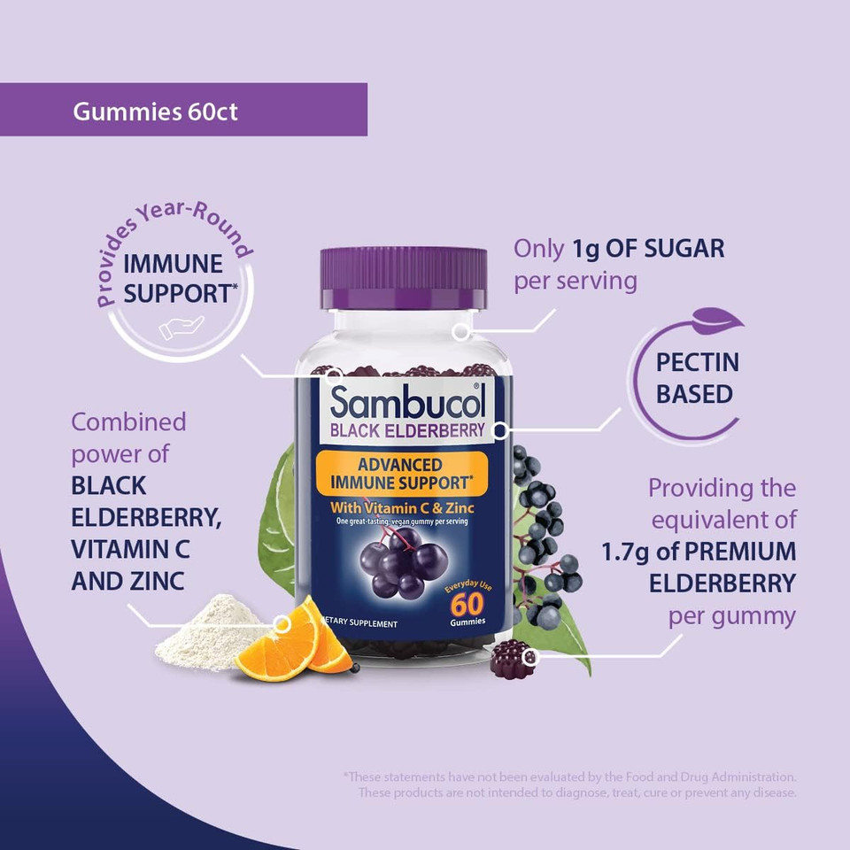 Sambucol Black Elderberry Gummies With Vitamin C & Zinc - Sambucus Elderberry Gummies For Immune Support, High Antioxidants, Gluten Free, Vegan, Elderberry With Zinc & Vitamin C For Adults - 60 Count60 Count (Pack Of 1)
