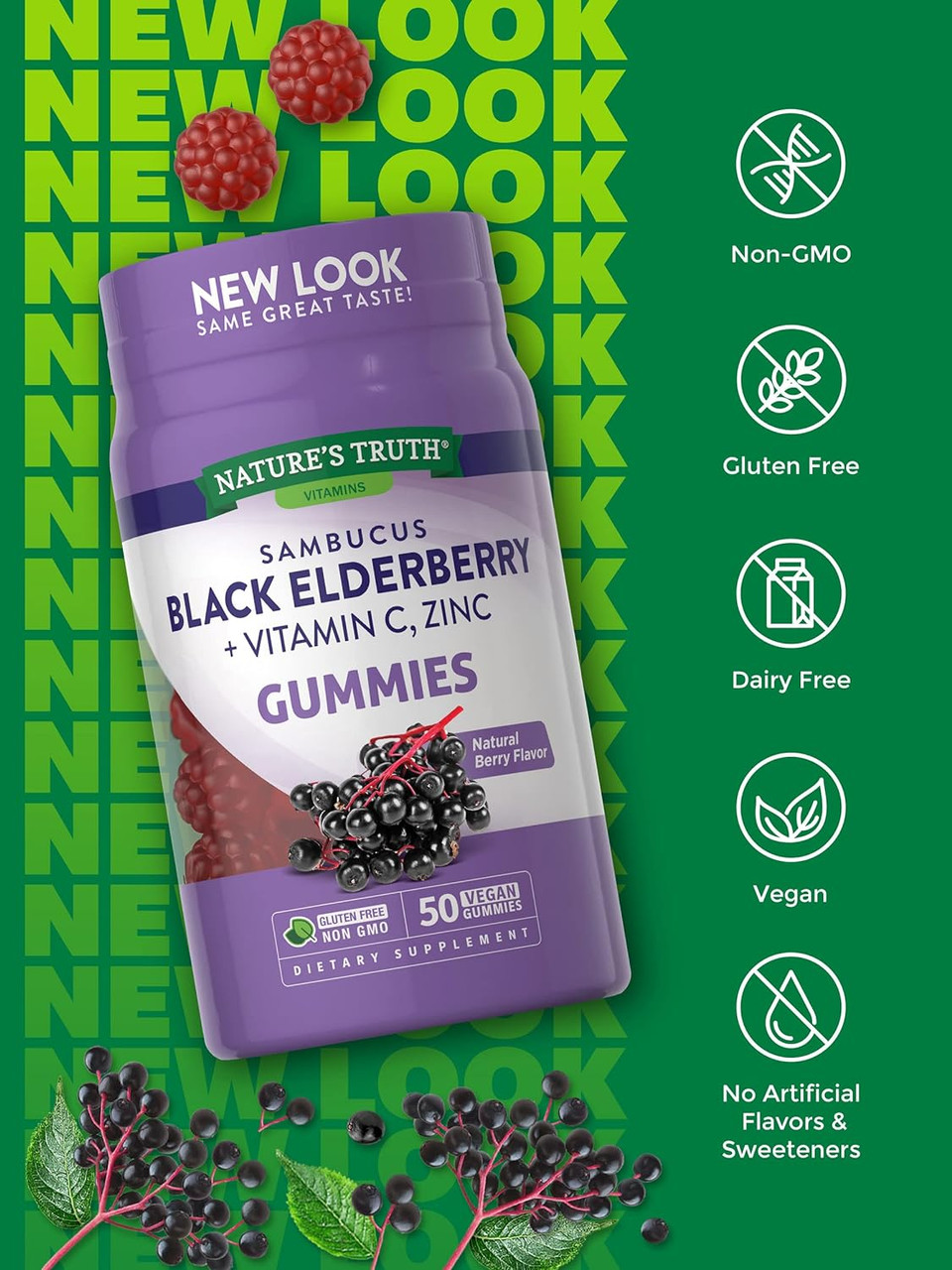 Sambucus Black Elderberry Gummies | 50 Count | With Vitamin C And Zinc | Natural Berry Flavor | Vegan, Non-Gmo, Gluten Free | Extract Gummies For Adults | By Nature'S Truth