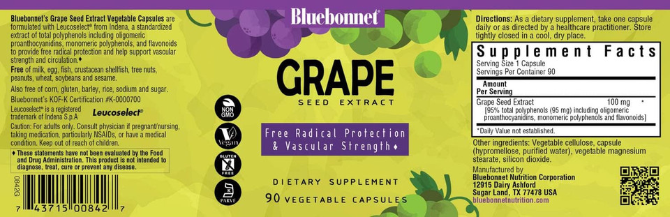 Bluebonnet Super Fruit Grape Seed Extract Supplement, 90 Count