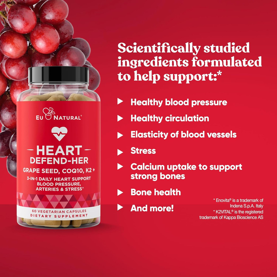Heart Defend-Her Womens Heart Health Supplements  Advanced 3-In-1 Blend With Grape Seed Extract, Vitamin K2 Mk-7, And Coq10  Support Blood Pressure, Artery And Bone Strength  60 Vegetarian Capsules