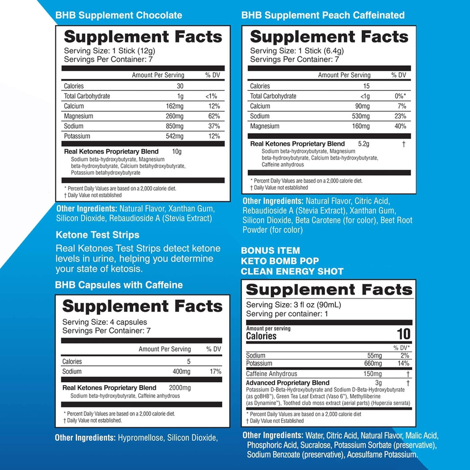 Real Ketones - 7 Day Keto Starter Bundle Kit - Exogenous Ketone Bhb Stick Packets, Bhb Pills, 15 Urine Test Strips And An Energy Shot Drink