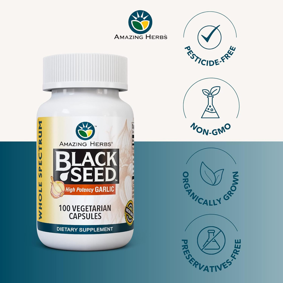 Amazing Herbs Whole Spectrum Black Seed & High Potency Garlic, Vegetarian Capsules - Gluten-Free, Non-Gmo, Vegan, Supports Immune System, Lung Function, & Cardiovascular Health - 100 Count