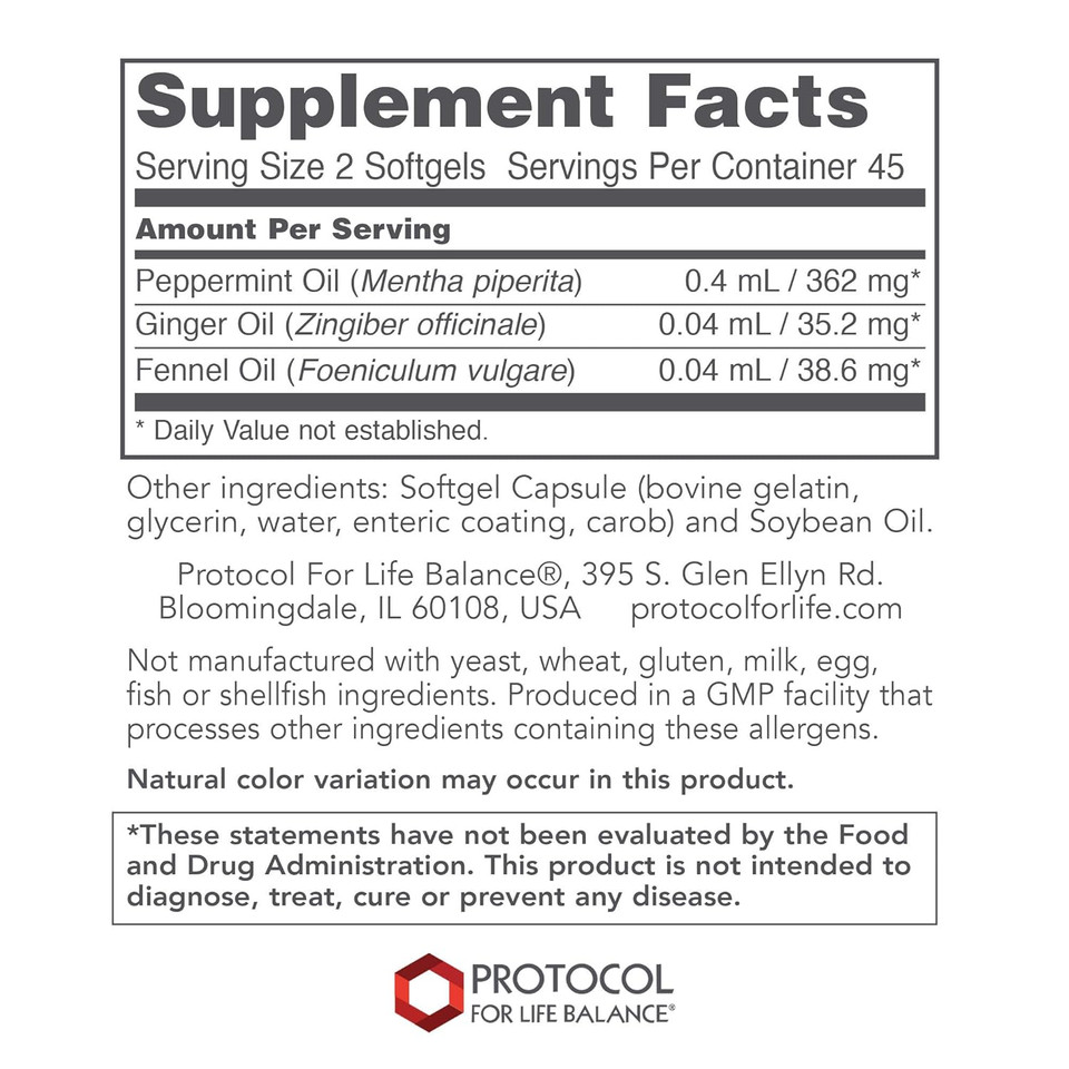 Protocol Peppermint Oil G.I. - Digestive Support With Ginger And Fennel Oils - 90 Softgels