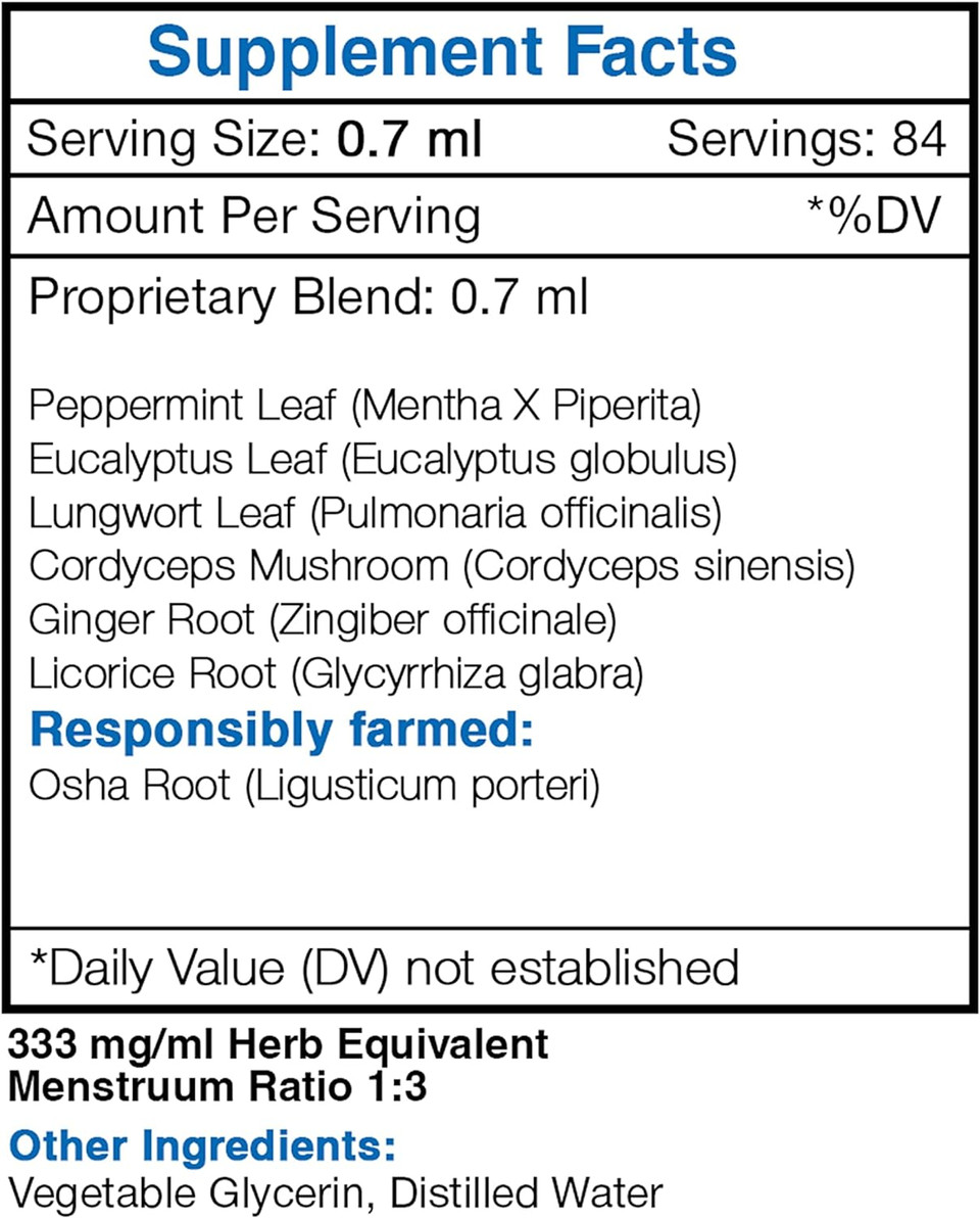 Secrets Of The Tribe Lungs Alcohol-Free Extract, Tincture, Glycerite Osha, Peppermint, Eucalyptus, Lungwort, Cordyceps, Ginger, Licorice. Healthy Lungs Formula (2 Fl Oz)