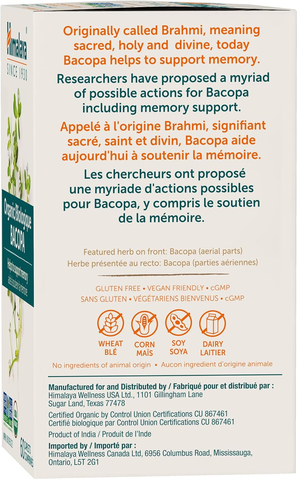 Himalaya Organic Bacopa Monnieri Nootropic Herbal Supplement, Mental Alertness, Supports Calm, Memory, Cognition, Usda Certified Organic, Non-Gmo, 750 Mg, 60 Plant-Based Caplets, 60 Day Supply