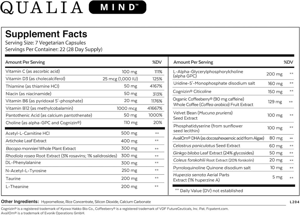 Neurohacker Collective Qualia Mind Nootropics, Top Brain Supplement Capsule For Memory, Focus, & Concentration With Ginkgo Biloba, Alpha Gpc, Bacopa Monnieri, Dha & More (154 Ct)154 Count (Pack Of 1)