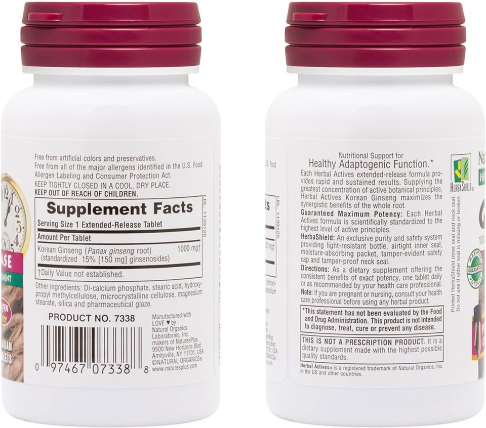 Naturesplus Herbal Actives Korean Ginseng, Extended Release - 1000 Mg, 30 Vegan Tablets - Adaptogenic Herbal Supplement, Antioxidant - Vegetarian, Gluten-Free - 30 Servings