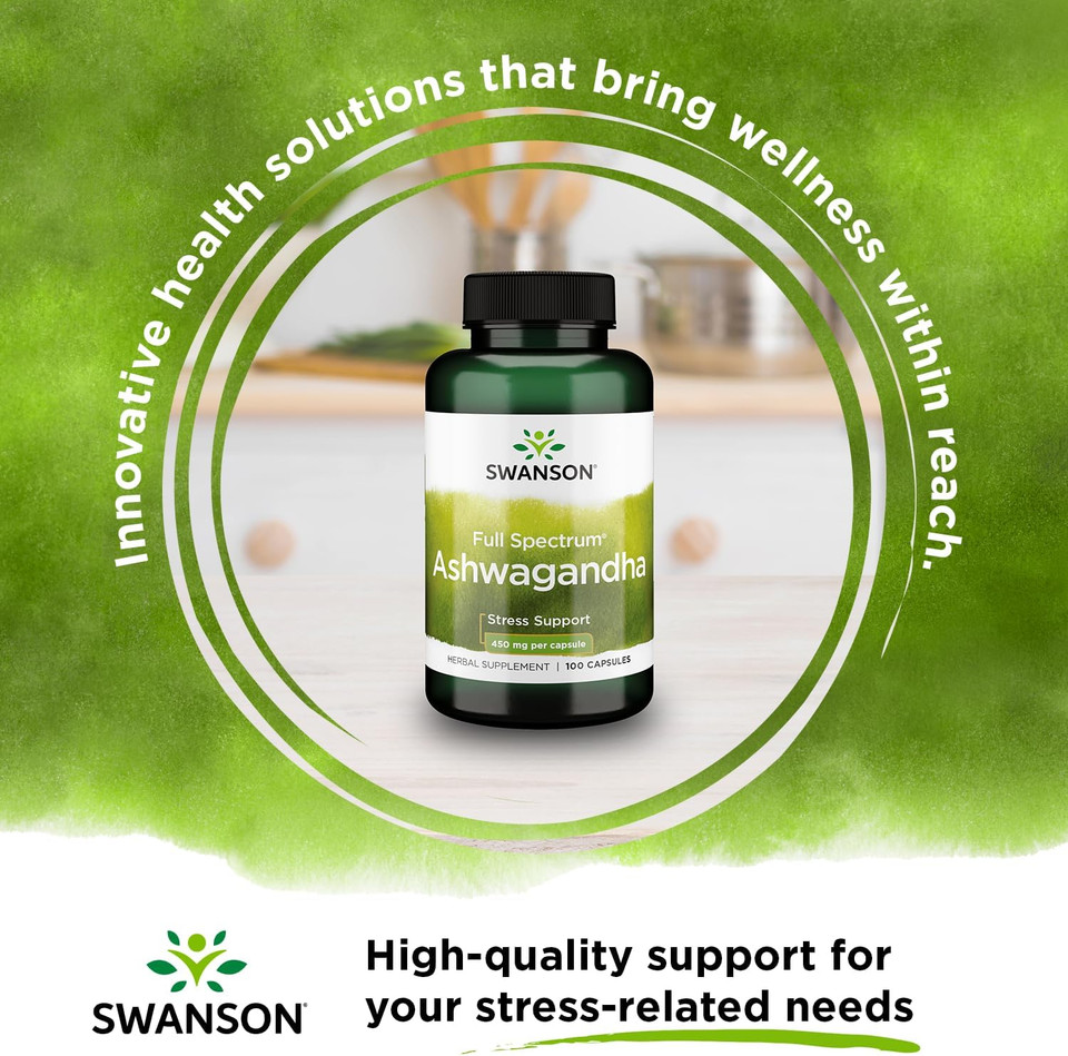 Swanson Ashwagandha Powder Supplement-Ashwagandha Root & Aerial Parts Supplement Promoting Stress Relief & Energy Support-Ayurvedic Supplement For Natural Wellness (100 Capsules, 450Mg Each)100 Count (Pack Of 1)