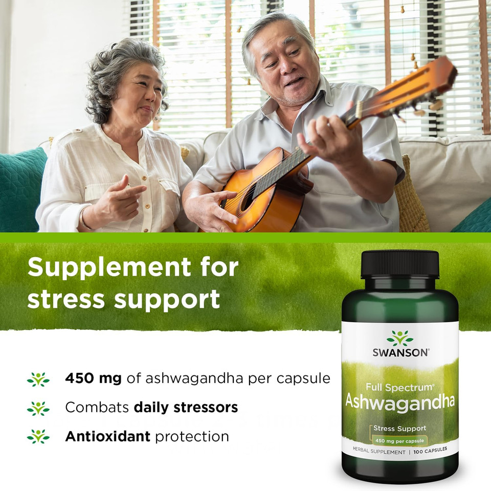 Swanson Ashwagandha Powder Supplement-Ashwagandha Root & Aerial Parts Supplement Promoting Stress Relief & Energy Support-Ayurvedic Supplement For Natural Wellness (100 Capsules, 450Mg Each)100 Count (Pack Of 1)