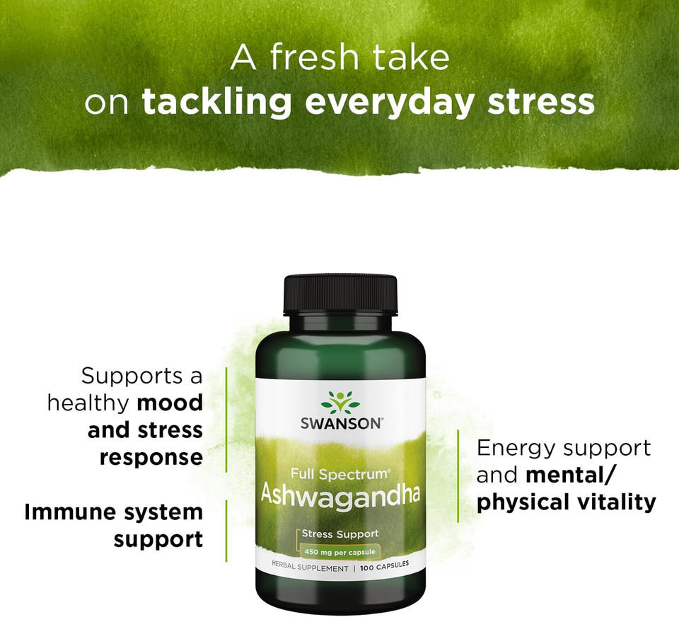 Swanson Ashwagandha Powder Supplement-Ashwagandha Root & Aerial Parts Supplement Promoting Stress Relief & Energy Support-Ayurvedic Supplement For Natural Wellness (100 Capsules, 450Mg Each)100 Count (Pack Of 1)