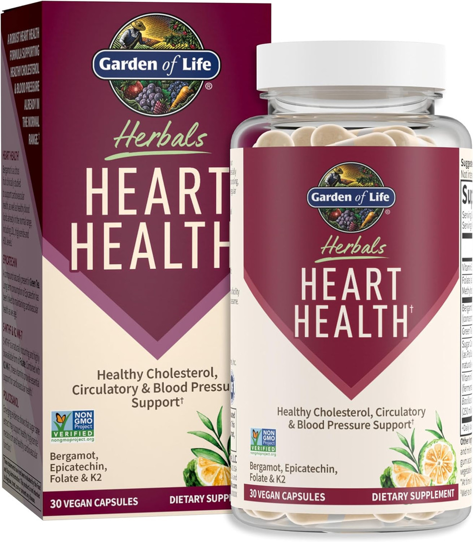 Garden Of Life Herbals Heart Health Supplement With Folate, Bergamot, Green Tea & Vitamin E & K For Cholesterol, Circulatory & Blood Pressure Support, Non-Gmo, Gluten-Free, Citrus Flavor, 30 Servings