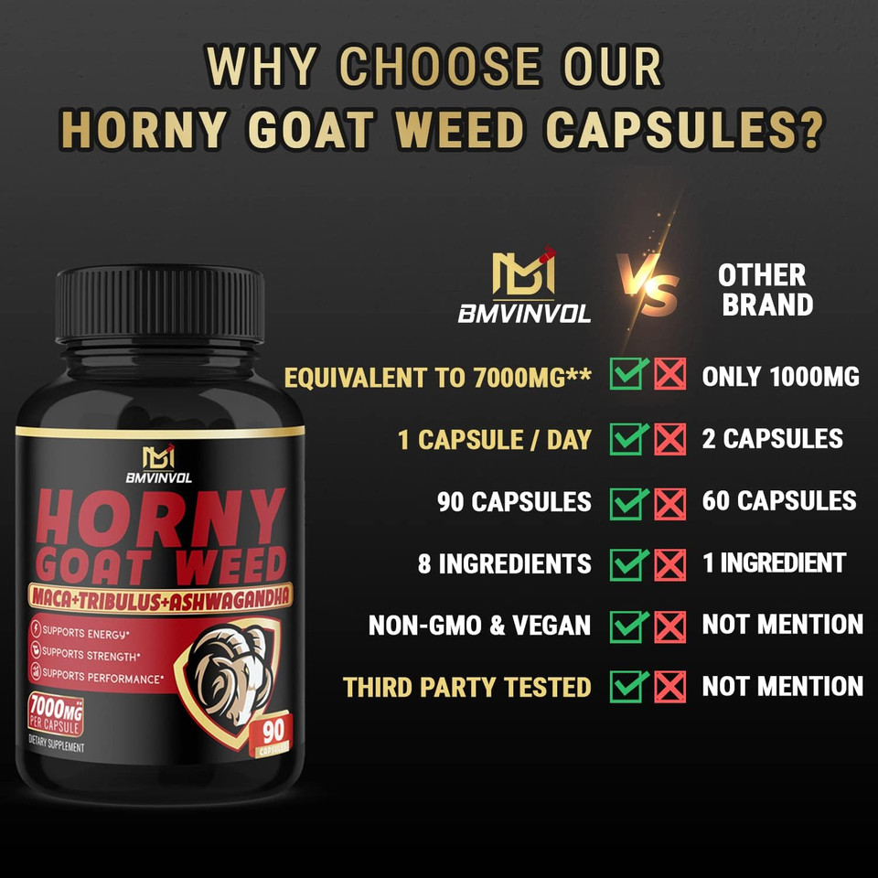 Bmvinvol Horny Goat Weed Capsules - 7000Mg Herbal Equivalent - Maca, Ginseng, Tribulus Terrestris, Ashwagandha - Performance And Energy Support - 3 Months Supply90 Count (Pack Of 1)