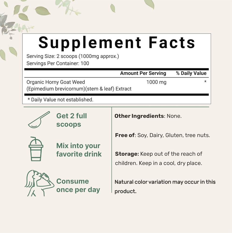 Maximum Strength Organic Pure Horny Goat Weed With Active Icariins For Men And Women, 100 Grams, Organic Epimedium Powder For Energy And Immune System Booster, Filler Free And Vegan Friendly